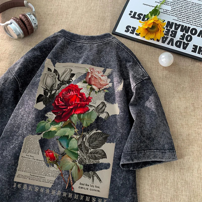 Gothic Washed T-Shirt for Men Vintage Rose Graphic Short Sleeve Tee Tops Hip Hop Street Couple Tshirts Men Women Clothing