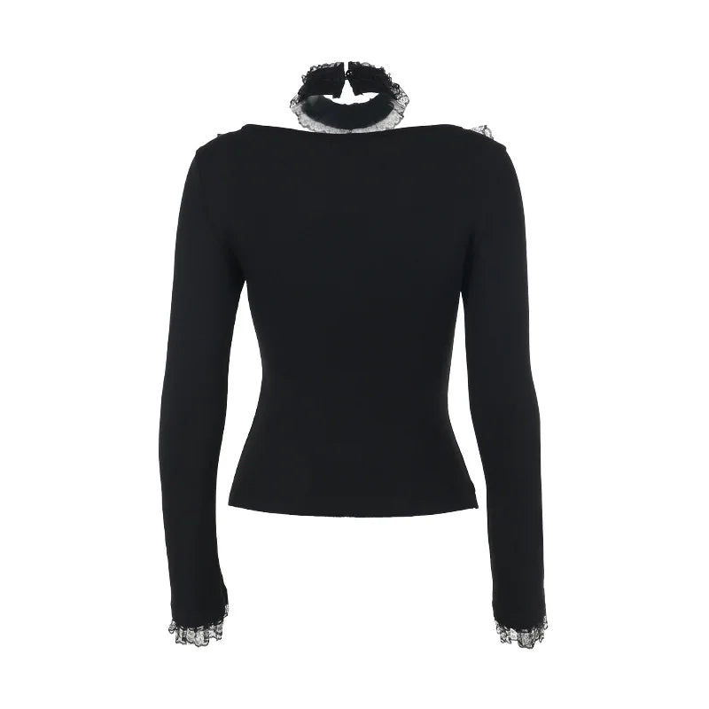 Goth Black Lace Trim Long Sleeve T-Shirts Vintage Sexy Lace-up Square Collar Tops with Choker Cross Women Autumn Tees