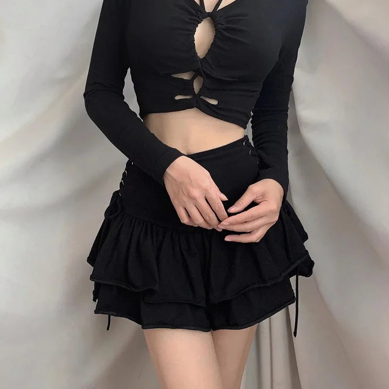AltGoth Y2k Gothic Cake Skirt Women Dark Punk Streetwear Bandage High Waist Skirt Harajuku Grunge Emo Alternative Clubwear Skirt