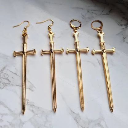Golden Colour Goth Swords Earrings Long Gothic Medieval Tarot Viking Alternative Statement Women Men Gift Mystical Jewellery