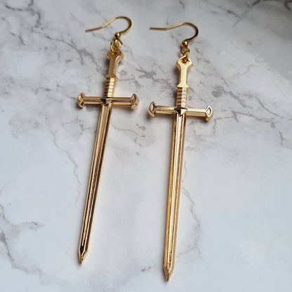 Golden Colour Goth Swords Earrings Long Gothic Medieval Tarot Viking Alternative Statement Women Men Gift Mystical Jewellery