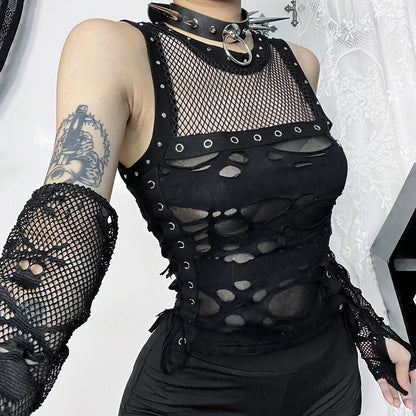 AltGoth Cyber Y2k Hole Vest Women Streetwear Harajuku Vintage Gothic Sexy O-neck Mesh Patchwork See Through Crop Tank Tops Femme