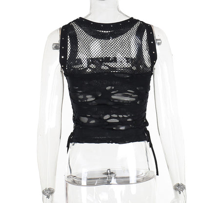 AltGoth Cyber Y2k Hole Vest Women Streetwear Harajuku Vintage Gothic Sexy O-neck Mesh Patchwork See Through Crop Tank Tops Femme