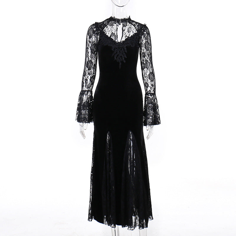 AltGoth Aesthetic Gothic Midi Dress Women Vintage Elagnt Lace Patchwork See Through Flare Sleeve High Waist Clubwear Dress Femme