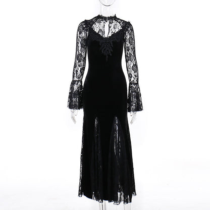 AltGoth Aesthetic Gothic Midi Dress Women Vintage Elagnt Lace Patchwork See Through Flare Sleeve High Waist Clubwear Dress Femme