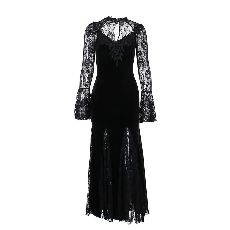 AltGoth Aesthetic Gothic Midi Dress Women Vintage Elagnt Lace Patchwork See Through Flare Sleeve High Waist Clubwear Dress Femme
