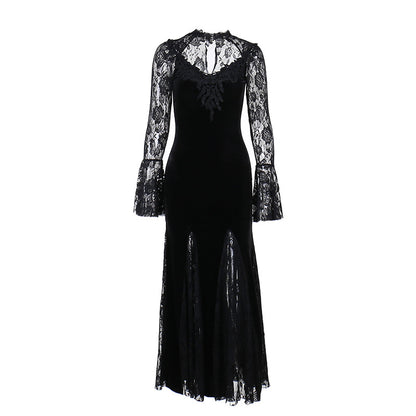 AltGoth Aesthetic Gothic Midi Dress Women Vintage Elagnt Lace Patchwork See Through Flare Sleeve High Waist Clubwear Dress Femme