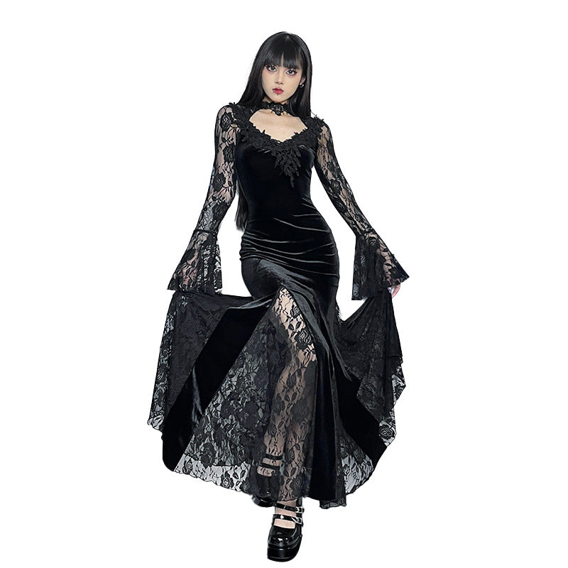 AltGoth Aesthetic Gothic Midi Dress Women Vintage Elagnt Lace Patchwork See Through Flare Sleeve High Waist Clubwear Dress Femme