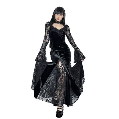 AltGoth Aesthetic Gothic Midi Dress Women Vintage Elagnt Lace Patchwork See Through Flare Sleeve High Waist Clubwear Dress Femme