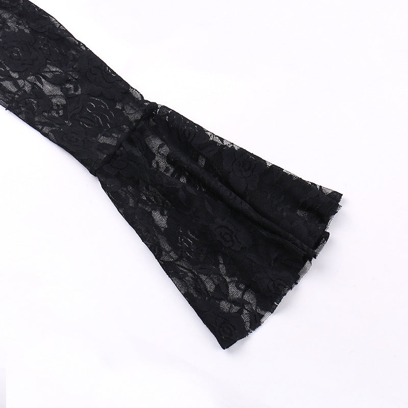 AltGoth Aesthetic Gothic Midi Dress Women Vintage Elagnt Lace Patchwork See Through Flare Sleeve High Waist Clubwear Dress Femme