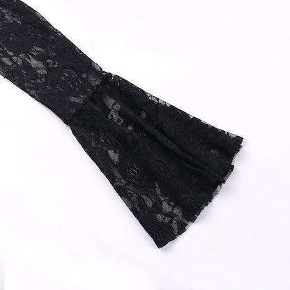 AltGoth Aesthetic Gothic Midi Dress Women Vintage Elagnt Lace Patchwork See Through Flare Sleeve High Waist Clubwear Dress Femme