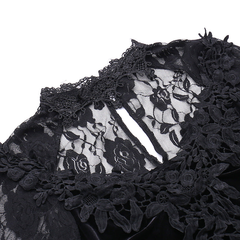 AltGoth Aesthetic Gothic Midi Dress Women Vintage Elagnt Lace Patchwork See Through Flare Sleeve High Waist Clubwear Dress Femme