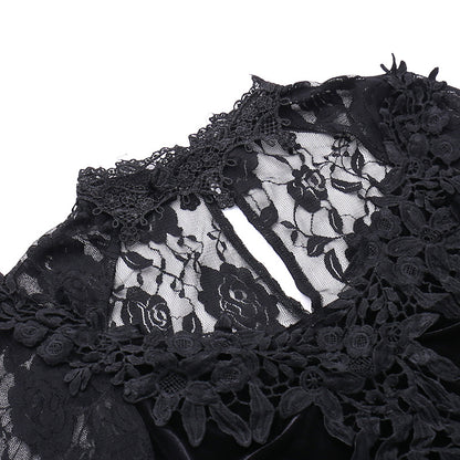 AltGoth Aesthetic Gothic Midi Dress Women Vintage Elagnt Lace Patchwork See Through Flare Sleeve High Waist Clubwear Dress Femme