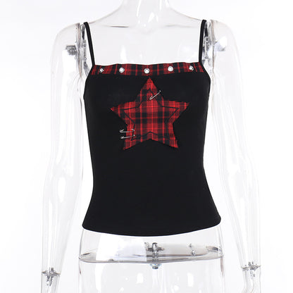 AltGoth Y2k E-girl Vintage Camis Women Mall Gothic Cyber Punk Emo Alt Grunge Hotsweet Plaid Pentagram Patchwork Crop Tank Tops