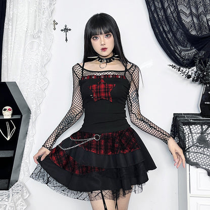 AltGoth Y2k E-girl Vintage Camis Women Mall Gothic Cyber Punk Emo Alt Grunge Hotsweet Plaid Pentagram Patchwork Crop Tank Tops