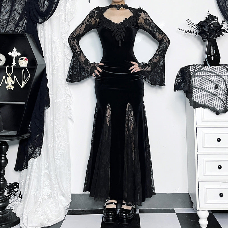 AltGoth Aesthetic Gothic Midi Dress Women Vintage Elagnt Lace Patchwork See Through Flare Sleeve High Waist Clubwear Dress Femme
