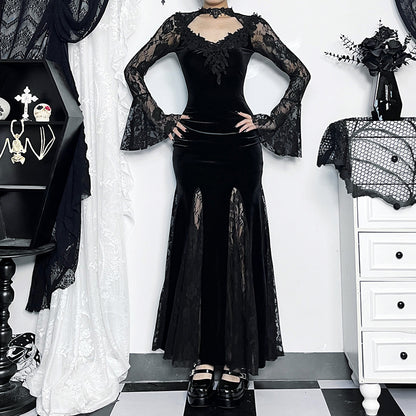 AltGoth Aesthetic Gothic Midi Dress Women Vintage Elagnt Lace Patchwork See Through Flare Sleeve High Waist Clubwear Dress Femme