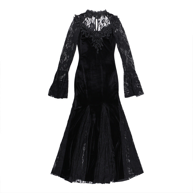 AltGoth Aesthetic Gothic Midi Dress Women Vintage Elagnt Lace Patchwork See Through Flare Sleeve High Waist Clubwear Dress Femme