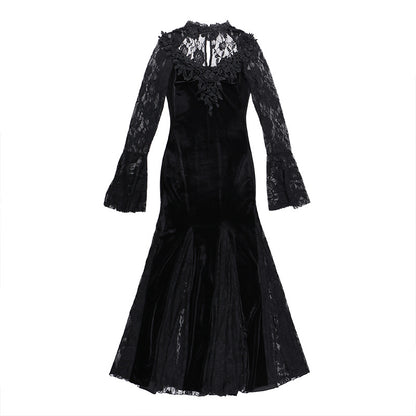 AltGoth Aesthetic Gothic Midi Dress Women Vintage Elagnt Lace Patchwork See Through Flare Sleeve High Waist Clubwear Dress Femme