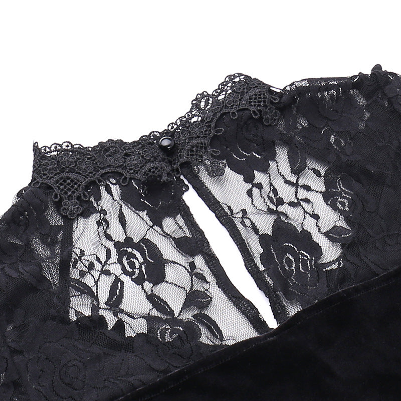 AltGoth Aesthetic Gothic Midi Dress Women Vintage Elagnt Lace Patchwork See Through Flare Sleeve High Waist Clubwear Dress Femme