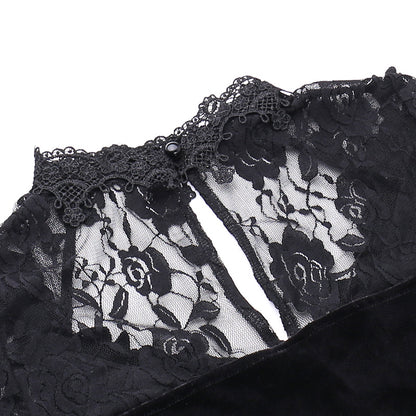 AltGoth Aesthetic Gothic Midi Dress Women Vintage Elagnt Lace Patchwork See Through Flare Sleeve High Waist Clubwear Dress Femme