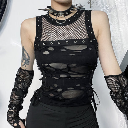AltGoth Cyber Y2k Hole Vest Women Streetwear Harajuku Vintage Gothic Sexy O-neck Mesh Patchwork See Through Crop Tank Tops Femme