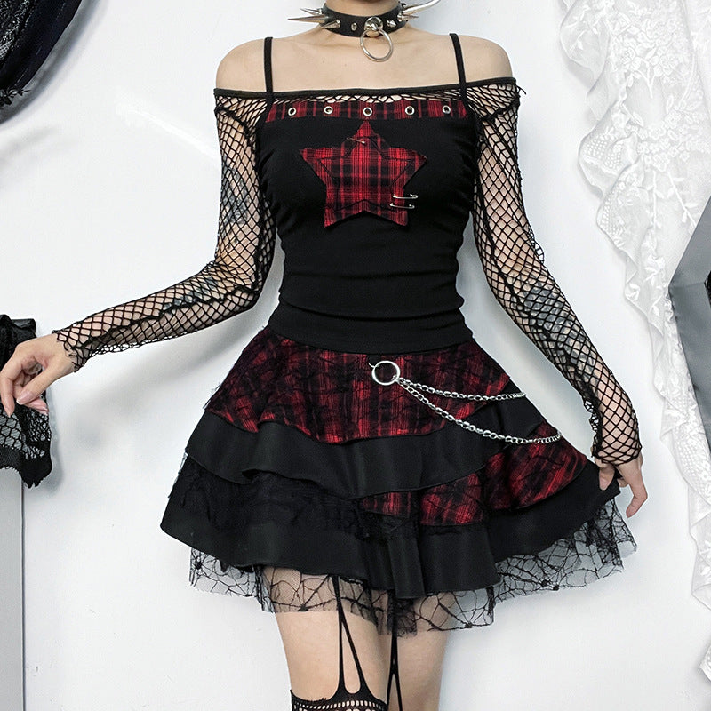 AltGoth Y2k E-girl Vintage Camis Women Mall Gothic Cyber Punk Emo Alt Grunge Hotsweet Plaid Pentagram Patchwork Crop Tank Tops