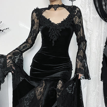 AltGoth Aesthetic Gothic Midi Dress Women Vintage Elagnt Lace Patchwork See Through Flare Sleeve High Waist Clubwear Dress Femme