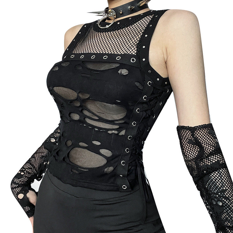 AltGoth Cyber Y2k Hole Vest Women Streetwear Harajuku Vintage Gothic Sexy O-neck Mesh Patchwork See Through Crop Tank Tops Femme