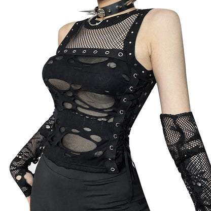 AltGoth Cyber Y2k Hole Vest Women Streetwear Harajuku Vintage Gothic Sexy O-neck Mesh Patchwork See Through Crop Tank Tops Femme