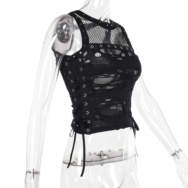AltGoth Cyber Y2k Hole Vest Women Streetwear Harajuku Vintage Gothic Sexy O-neck Mesh Patchwork See Through Crop Tank Tops Femme