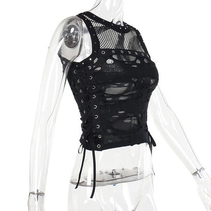 AltGoth Cyber Y2k Hole Vest Women Streetwear Harajuku Vintage Gothic Sexy O-neck Mesh Patchwork See Through Crop Tank Tops Femme