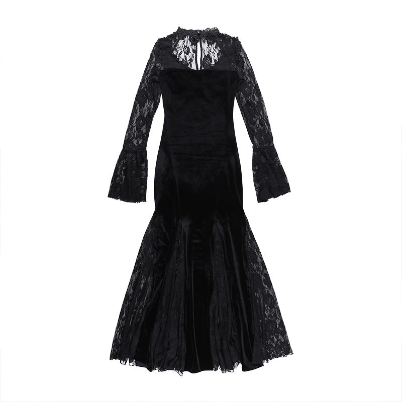 AltGoth Aesthetic Gothic Midi Dress Women Vintage Elagnt Lace Patchwork See Through Flare Sleeve High Waist Clubwear Dress Femme