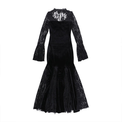 AltGoth Aesthetic Gothic Midi Dress Women Vintage Elagnt Lace Patchwork See Through Flare Sleeve High Waist Clubwear Dress Femme
