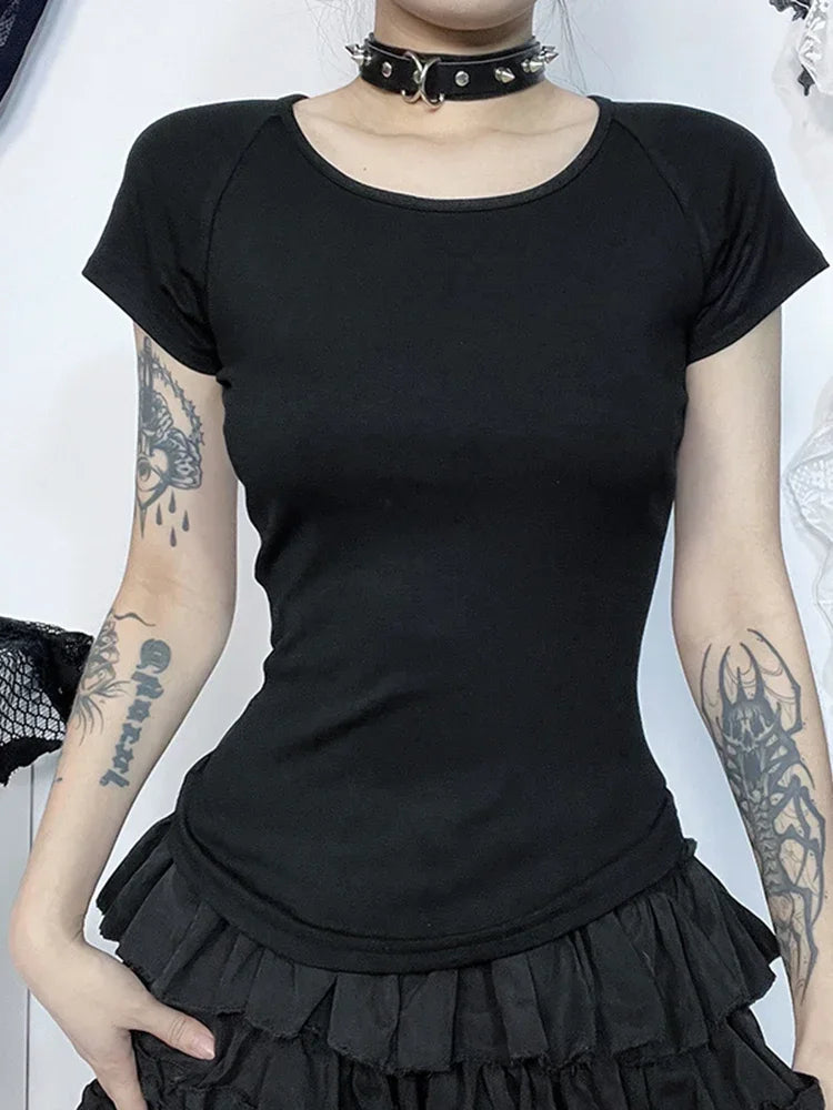 Gothic See Through Angel Graphic Print T-shirt for Women Goth Punk Slim Fit Sexy Mesh Y2k Long Sleeve Grunge Transparent