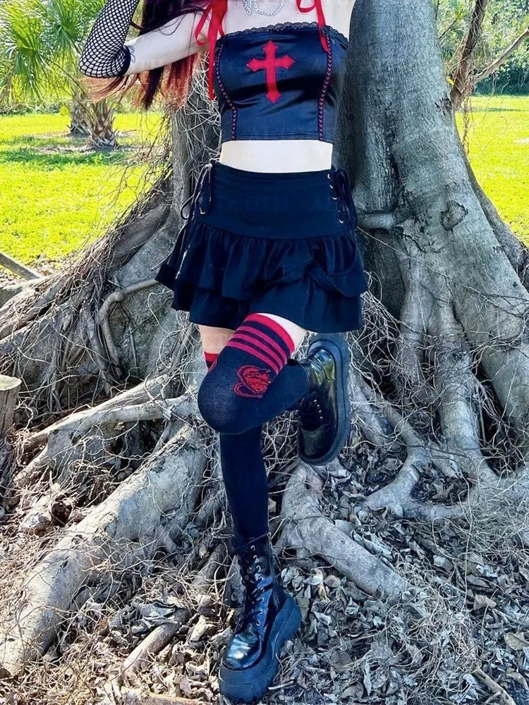AltGoth Y2k Gothic Cake Skirt Women Dark Punk Streetwear Bandage High Waist Skirt Harajuku Grunge Emo Alternative Clubwear Skirt