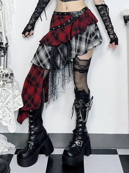 AltGoth Harajuku Grunge Gothic Skirt Women Streetwear Punk Dark Plaid Patchwork Irregular Skirt Y2k E-girl Emo Alternative Skirt