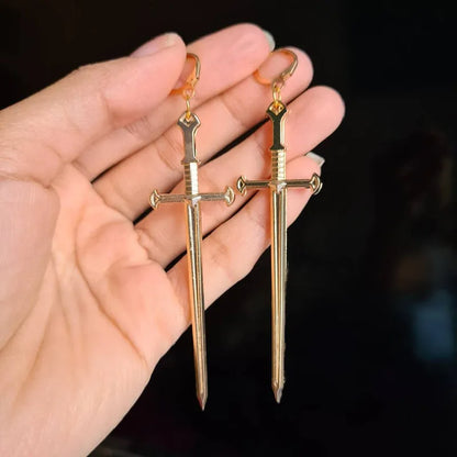 Golden Colour Goth Swords Earrings Long Gothic Medieval Tarot Viking Alternative Statement Women Men Gift Mystical Jewellery
