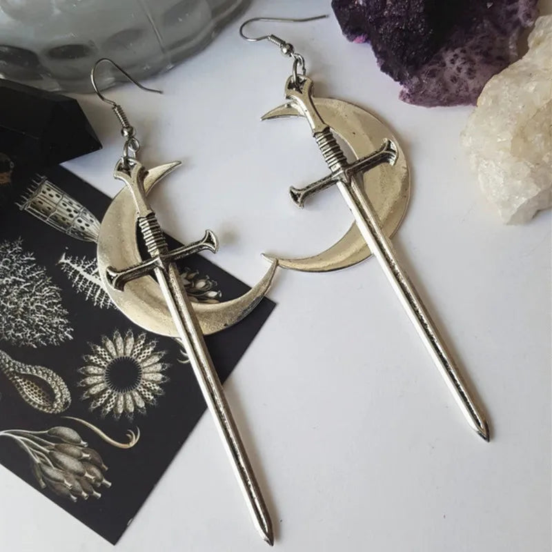 Golden Colour Goth Swords Earrings Long Gothic Medieval Tarot Viking Alternative Statement Women Men Gift Mystical Jewellery