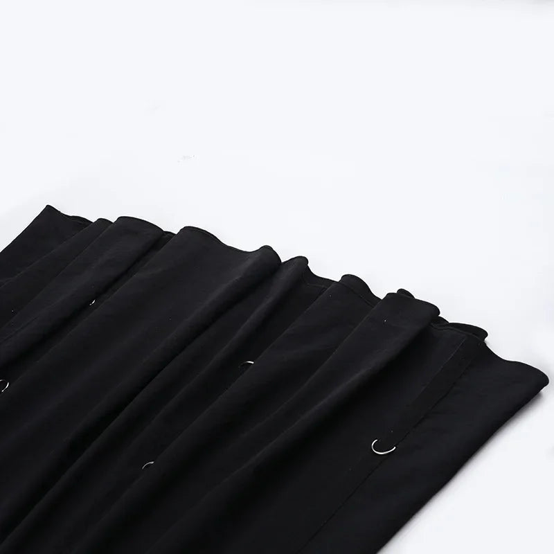 Goth Dark Acubi Fashion Black Swing A-line Skirt Punk Grunge Metal Buckle Streetwear Bandage Skirts Mall Gothic Alt Clother