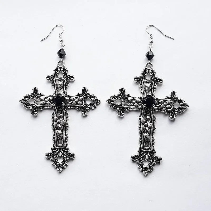 Goth Large Detailed Cross Black Drill Jewel Earrings Silver Color Gothic Punk Jewellery Fashion Gorgeous Statement Women Gift