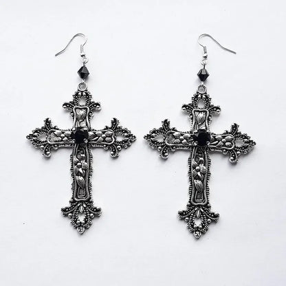 Goth Large Detailed Cross Black Drill Jewel Earrings Silver Color Gothic Punk Jewellery Fashion Gorgeous Statement Women Gift