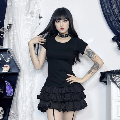 Gothic See Through Angel Graphic Print T-shirt for Women Goth Punk Slim Fit Sexy Mesh Y2k Long Sleeve Grunge Transparent