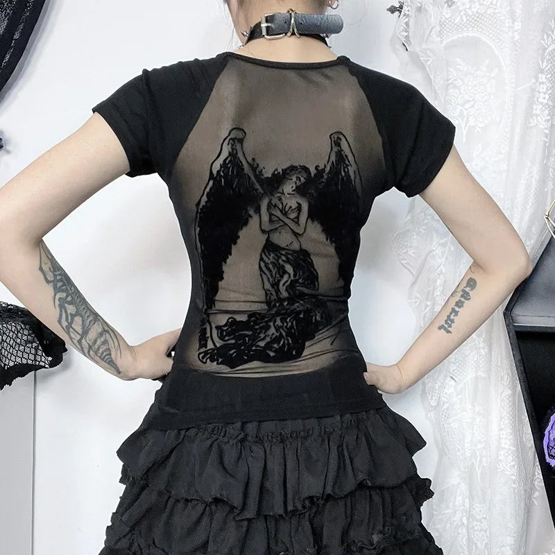 Gothic See Through Angel Graphic Print T-shirt for Women Goth Punk Slim Fit Sexy Mesh Y2k Long Sleeve Grunge Transparent