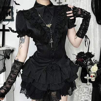 Goth Dark Kawaii Black Short Sleeve Buttons Shirt Lace-up Blouses Mall Gothic Slim Lapel Collar Stripe Shirts Women Alt Techwear