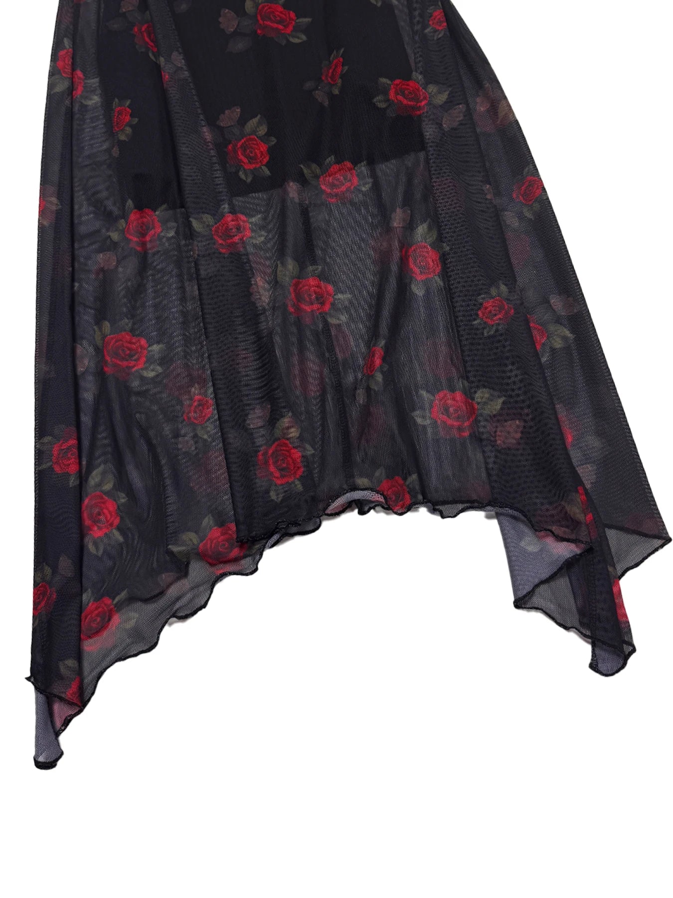 Goth Dark Elegant Fashion Florals Print Short Sleeve Mid Dress Fairy Grunge Mesh Patchwork Double Layer Dresses Gothic Techwear