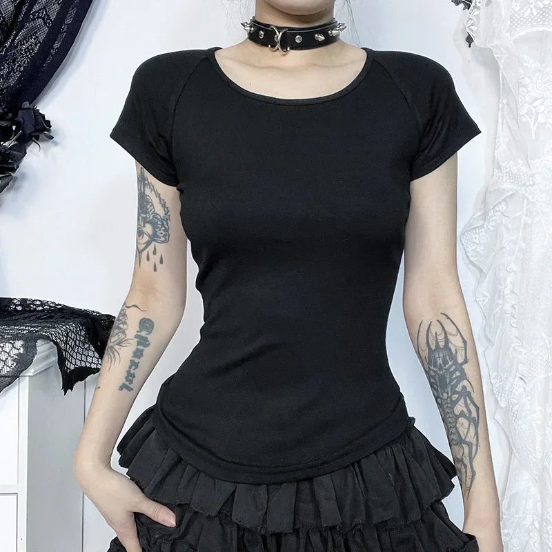 Gothic See Through Angel Graphic Print T-shirt for Women Goth Punk Slim Fit Sexy Mesh Y2k Long Sleeve Grunge Transparent