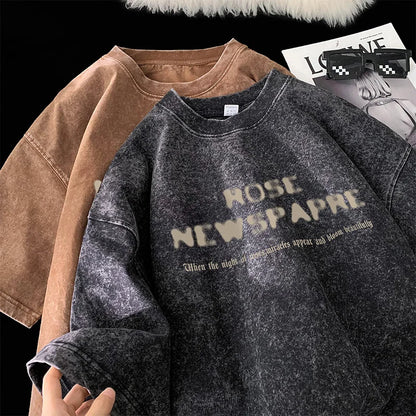 Gothic Washed T-Shirt for Men Vintage Rose Graphic Short Sleeve Tee Tops Hip Hop Street Couple Tshirts Men Women Clothing
