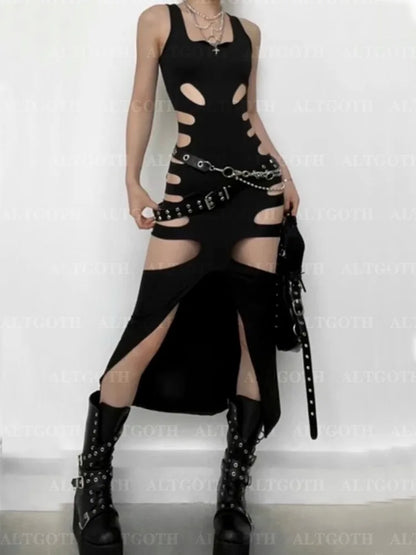 AltGoth Harajuku Gothic Dark Dress Women Streetwear Cyber Punk Y2k E-girl Grunge Sexy Hollow Out High Waist Bodycon Dress Female