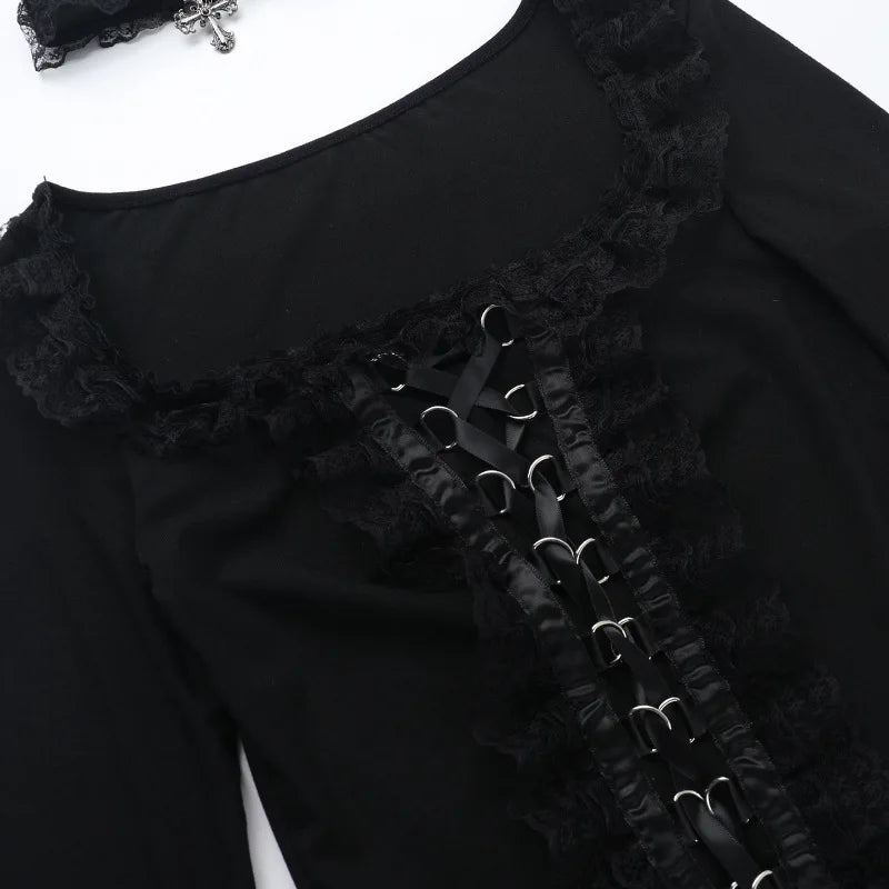 Goth Black Lace Trim Long Sleeve T-Shirts Vintage Sexy Lace-up Square Collar Tops with Choker Cross Women Autumn Tees